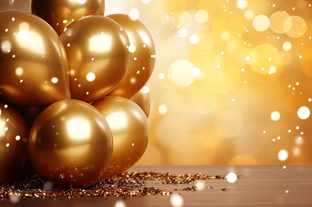 Photo ballons dorés sur fond bokeh concept de noël et du nouvel an ballons dorés et confettis sur fond doré rendu 3d ai généré