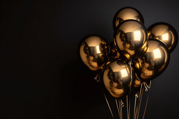 Photo ballons dorés sur fond noir avec espace de copie concept de fête et d'anniversaire