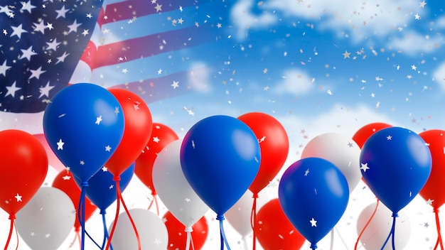 Ballons avec drapeau usa sur fond de ciel rendu 3d