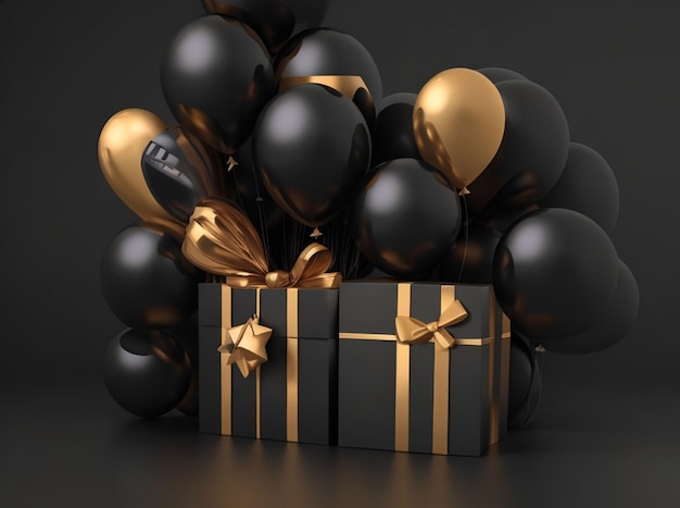 ballons du vendredi noir avec boîte cadeau en rendu 3d