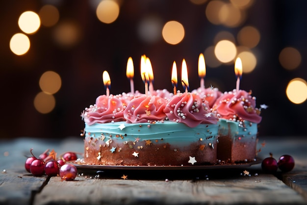 ballons de fête d'anniversaire ballons colorés arrière-plan et gâteau d'année avec des bougies