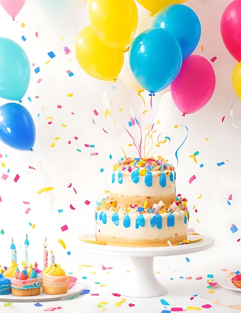 Ballons de fête d'anniversaire et gâteau avec des confettis