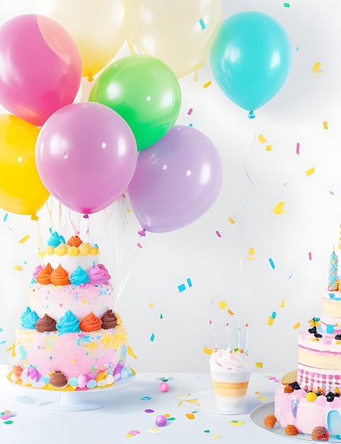 Ballons de fête d'anniversaire et gâteau avec des confettis