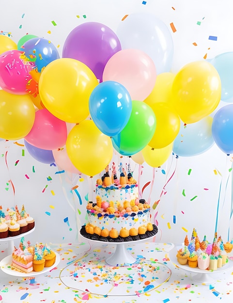 Ballons de fête d'anniversaire et gâteau avec des confettis