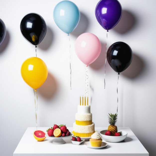 des ballons de fête colorés et des ballons de fête colorés et un gâteau d'anniversaire avec des ballons colorés