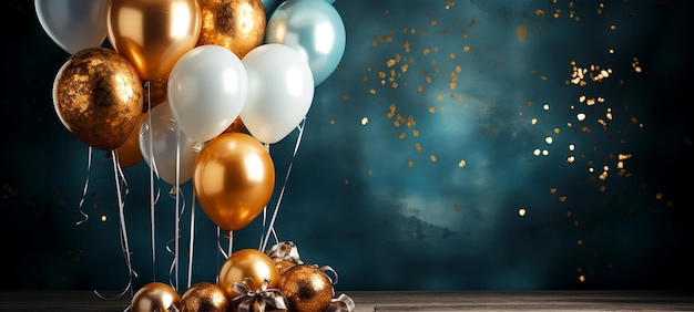 Ballons de fête dorés et blancs sur fond de luxe pour une fête d'anniversaire