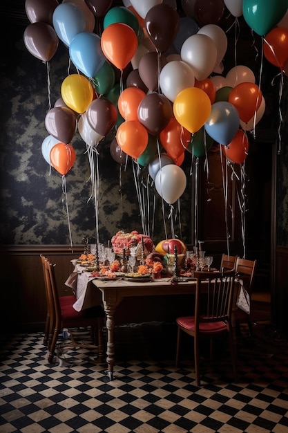 ballons flottant au-dessus d'une table décorée créée avec une IA générative