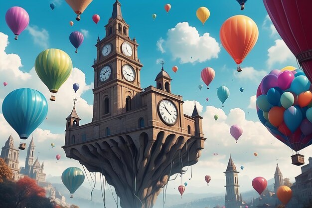 Les ballons flottants de la tour de l'horloge surréaliste et la distorsion du temps