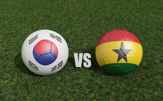 Ballons de football aux couleurs des drapeaux sur l'herbe Corée du Sud avec le championnat de football de la Coupe du monde du Ghana 2022 rendu 3d