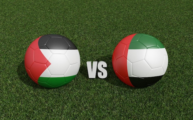 Des ballons de football aux couleurs des drapeaux sur l'herbe Palestine avec les Émirats arabes unis 2023 tournoi de la coupe d'Asie rendu 3d