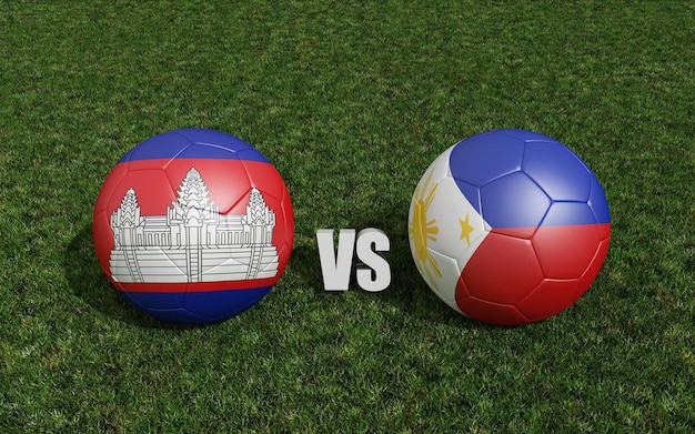 Ballons de football aux couleurs des drapeaux sur le terrain de football Cambodge avec rendu 3d des Philippines