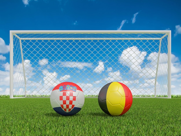 Ballons de football aux couleurs des drapeaux sur le terrain de football Croatie avec rendu 3d Belgique
