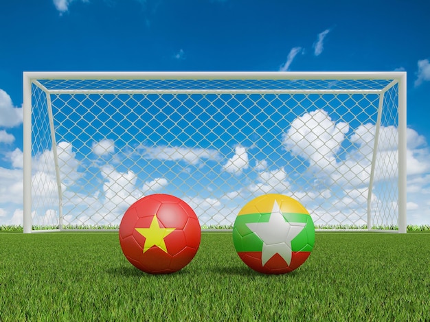 Ballons de football aux couleurs des drapeaux sur le terrain de football Vietnam avec rendu 3d Myanmar