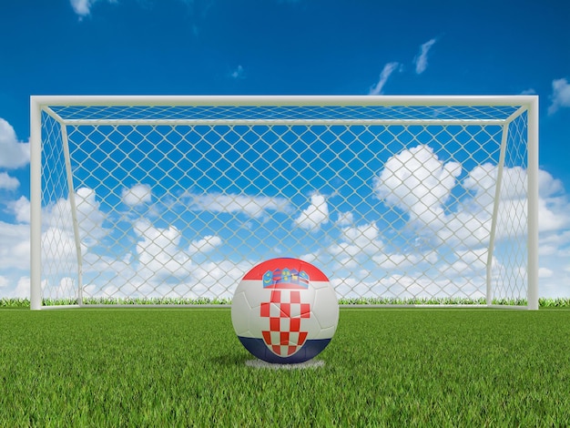 Ballons de football en Croatie drapeaux couleurs sur terrain de football rendu 3d