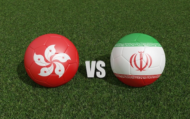 Des ballons de football dans les couleurs des drapeaux sur l'herbe Hong Kong avec l'Iran 2023 tournoi de la coupe d'Asie rendu 3d