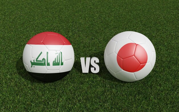 Des ballons de football dans les couleurs des drapeaux sur l'herbe Irak avec le Japon 2023 tournoi de la coupe d'Asie rendu 3d