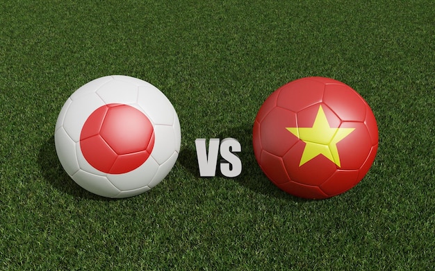 Des ballons de football dans les couleurs des drapeaux sur l'herbe Japon avec le Vietnam 2023 tournoi de la coupe d'Asie rendu 3d