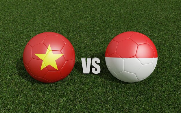 Des ballons de football dans les couleurs des drapeaux sur l'herbe Vietnam avec l'Indonésie 2023 tournoi de la coupe d'Asie rendu 3d