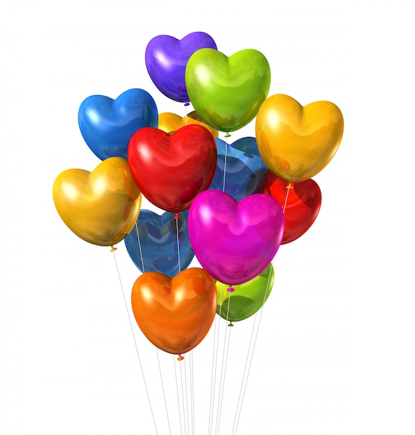 Ballons en forme de coeur coloré isolés sur blanc