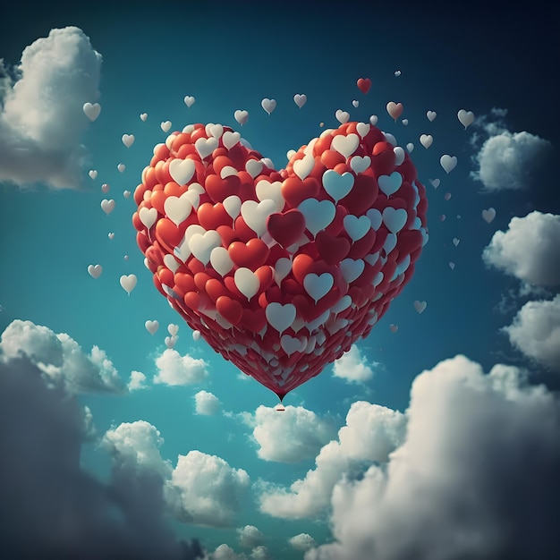 Ballons en forme de coeur dans le ciel