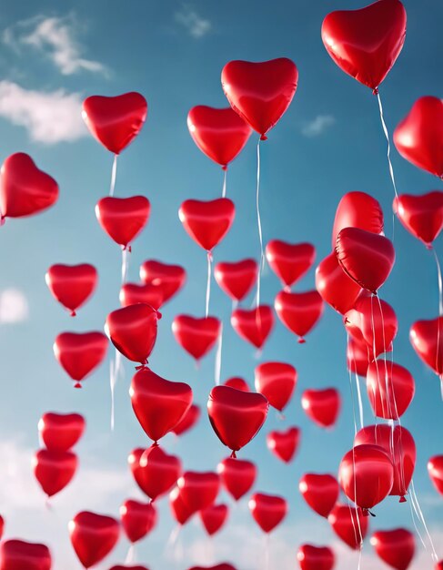 Photo des ballons en forme de cœur flottant dans le ciel lumineux pour la fête de la saint-valentin