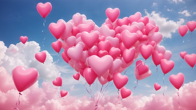 Des ballons en forme de cœur rose en style bouquet dans le ciel