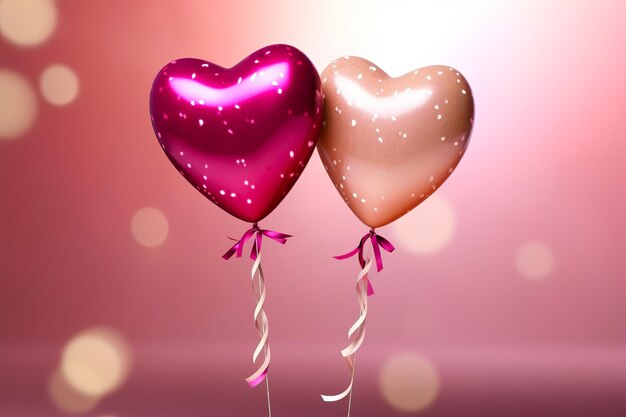 Photo ballons en forme de coeur rouges et roses avec des rubans sur fond rose