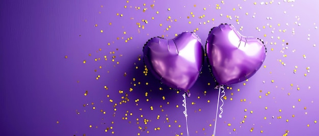 Photo ballons en forme de cœur violet sur un fond violet carte d'anniversaire de la saint-valentin fêtes