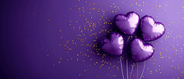 Photo ballons en forme de cœur violet sur un fond violet carte d'anniversaire de la saint-valentin fêtes