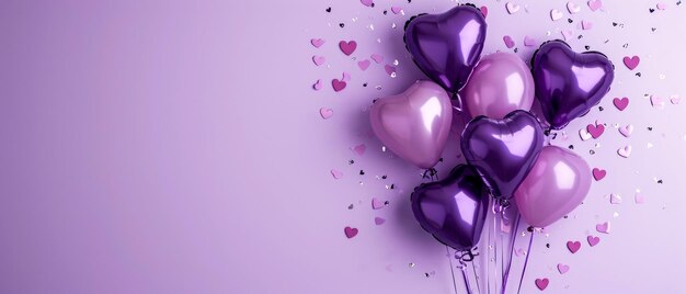 Ballons en forme de cœur violet sur un fond violet Carte d'anniversaire de la Saint-Valentin Fêtes