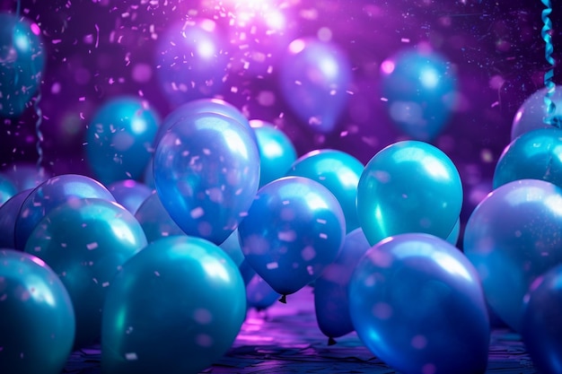 ballons gonflables bleu violet et confettis