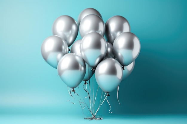 Ballons à l'hélium argentés dans un paquet sur fond bleu