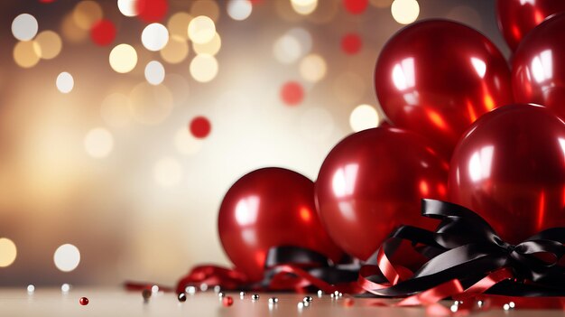 Photo des ballons métalliques dorés et rouge foncé avec des confettis et des rubans sur un fond flou pour les événements