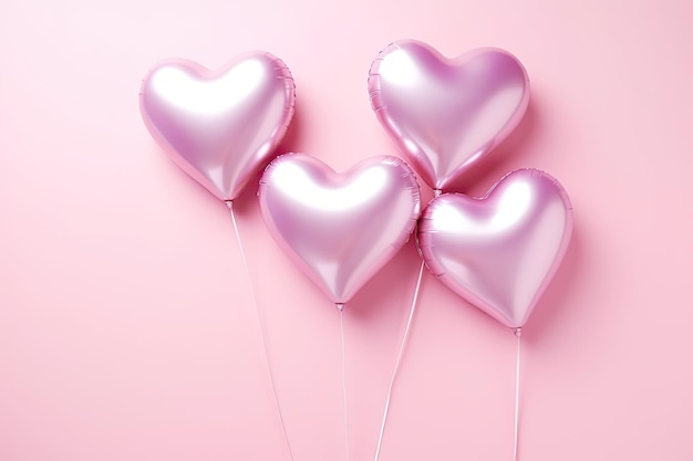 Ballons métalliques en forme de coeur sur fond rose pastel, décor de célébration sur le thème de l'amour pour Va