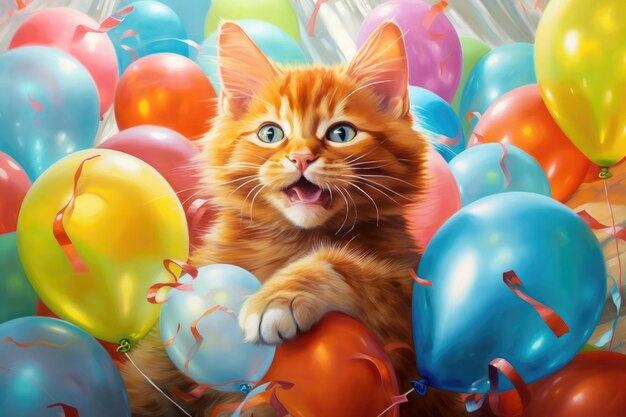 Des ballons multicolores et un chat drôle Cadeau d'anniversaire