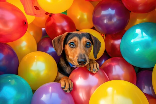 Des ballons multicolores et un chien drôle, un chiot, un chaton, un cadeau d'anniversaire.