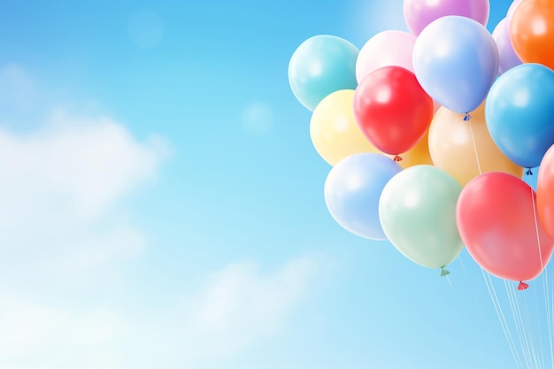 Des ballons multicolores avec de l'hélium sur un fond abstrait de ciel bleu Concept de joyeux anniversaire de la nouvelle année