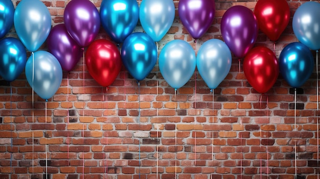 Ballons sur un mur de briques avec un drapeau rouge bleu et violet