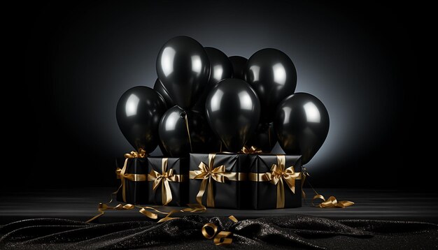 Ballons noirs et boîte à cadeaux sur fond noir illustration 3D