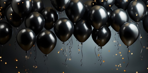 Des ballons noirs brillants sur un fond sombre Banner pour le vendredi noir