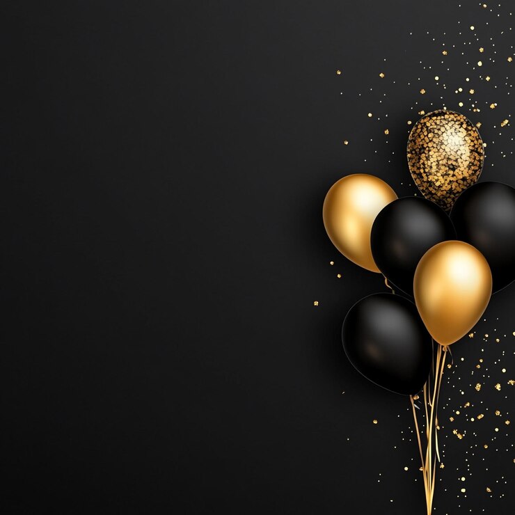 Photo des ballons noirs et dorés avec des accents brillants sur un fond sombre parfaits pour les célébrations