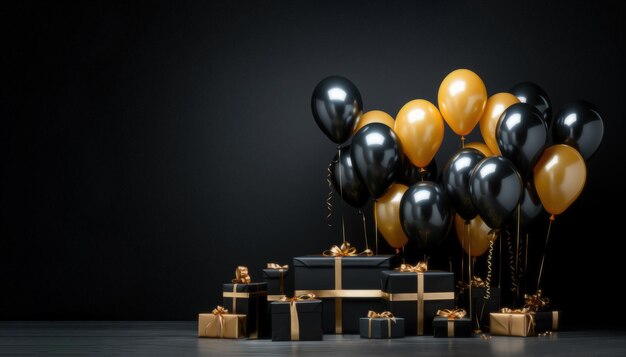 Photo des ballons noirs et dorés avec des boîtes cadeaux.