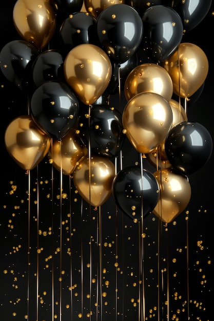 Photo des ballons noirs et dorés glamour avec des confettis.