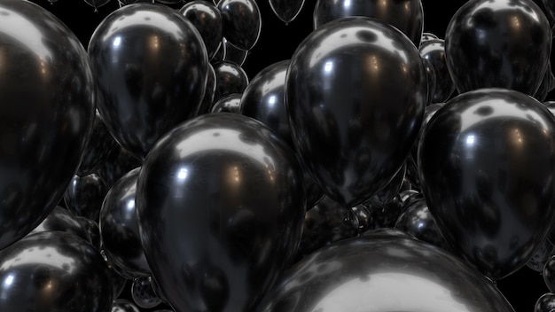 Ballons noirs de rendu 3D sur fond noir