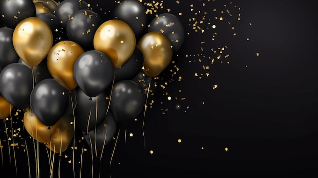 ballons noirs avec des rubans dorés sur fond noir concept de vacances