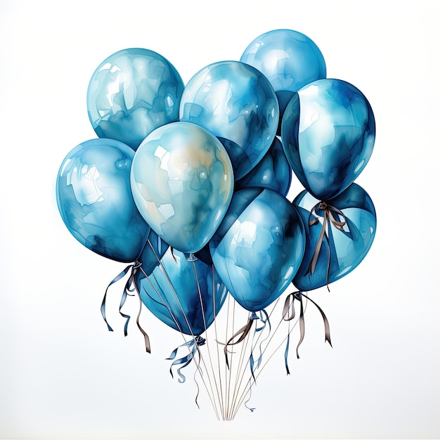 des ballons en nuances bleues dans un style aquarelle