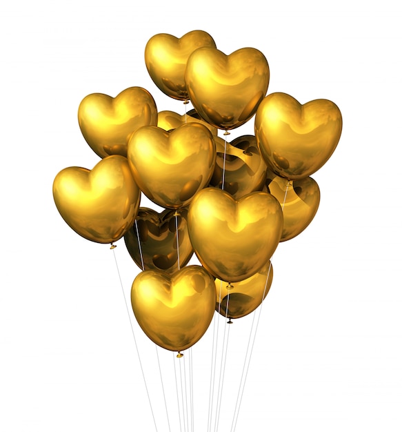 Ballons d'or en forme de coeur isolés sur blanc