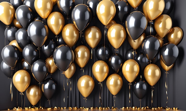 Ballons d'or noirs Arrière-plan Art 3D Célébration animée Arrière-plan numérique Fête générée par l'IA