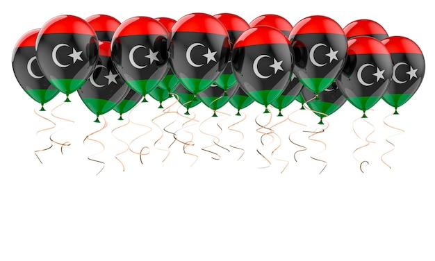 Des ballons avec un rendu 3D du drapeau libyen isolé sur fond blanc