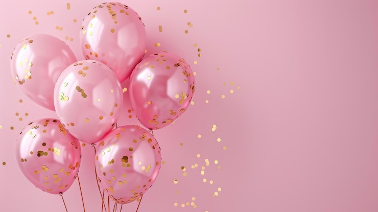 Photo des ballons roses avec des confettis en or sur un fond rose